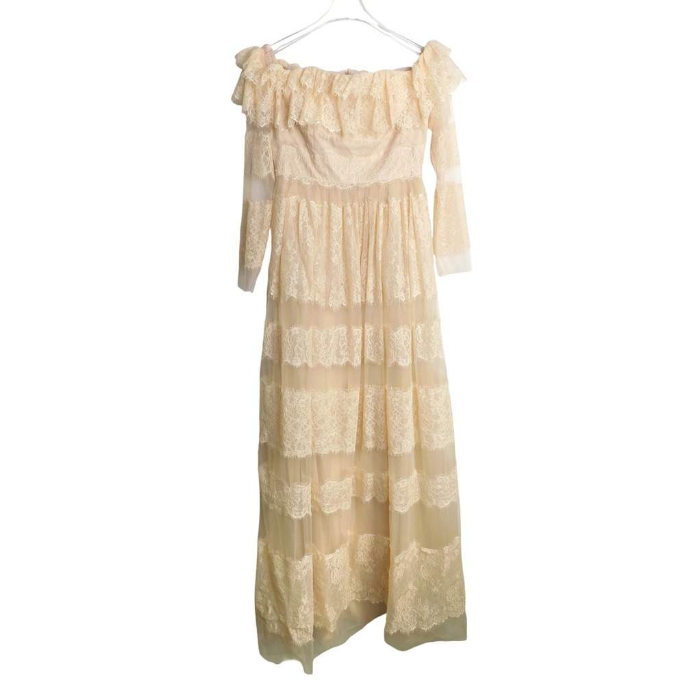 Mikael Aghal Champagne Off-the-Shoulder Tiered Lace Maxi Gown Dress Size 4